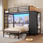VIAGDO Bunk Bed Twin Over Twin with Hall Tree, Charging Station and LED Lights, L-Shaped Bunk Bed with Desk, 5 Storage Drawers, Twin Bunk Beds with Guardrail & Stairs, No Box Spring Needed, Black - Image 2