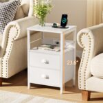 Furologee End Table with Charging Station, Nightstand with Fabric Drawers, Side Tables with USB Ports & Outlets, Night Stand with Storage Shelf & Hooks, for Living Room/Bedroom, White - Image 5