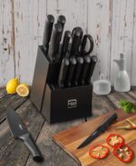 Knife Set, 15 Pcs Kitchen Knife Set with Block Self Sharpening, Dishwasher Safe, 6 Steak Knives, Anti-slip handle, Black - Image 7