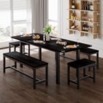 Feonase 5-Piece Dining Table Set for 4-8 People, 63" Large Extendable Kitchen Table Set with 2 Benches and 2 Square Stools, Dining Room Table with MDF Wood Board, Easy Assembly, Black - Image 2