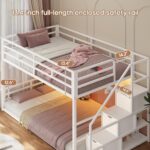 ADORNEVE Low Bunk Bed Twin Over Twin with Stairs, Storage Drawers & Shelves, RGB LED Lights Metal Floor Bunk with Power Outlet, Full-Length Guardrail & Metal Slats, for Small Space, Kids, White - Image 3