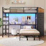 VIAGDO Bunk Bed Twin Over Twin with Hall Tree, Charging Station and LED Lights, L-Shaped Bunk Bed with Desk, 5 Storage Drawers, Twin Bunk Beds with Guardrail & Stairs, No Box Spring Needed, Black - Image 8