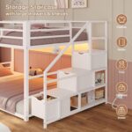 ADORNEVE Low Bunk Bed Twin Over Twin with Stairs, Storage Drawers & Shelves, RGB LED Lights Metal Floor Bunk with Power Outlet, Full-Length Guardrail & Metal Slats, for Small Space, Kids, White - Image 4