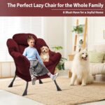 Lazy Chair Thick Padded, Comfy Velvet Accent Lounge Chair with Stable Frame, Leisure Sofa Armchair with Armrests and Side Pocket, Reading Chair for Bedroom, Living Room, Office, Burgundy - Image 5