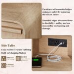 Fluted Makeup Vanity Desk with Large 35" HD Lighted Mirror, 48" Mid Century Modern Glass Top Vanity Table with 5 Drawers & Adjustable Shelf, Dressing Table w/Charging Station for Bedroom, Natural Oak - Image 7