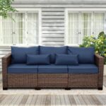 Patio Furniture Outdoor Couch 3 Seater Sofa Outdoor Brown Wicker Sofa Deep Seat High Backrest Patio Couch with Non-Slip Cushions and Waterproof Cover, Navy Blue - Image 2