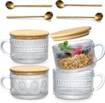LANDNEOO 4pcs Set Vintage Coffee Mugs gifts for women, Overnight Oats Containers with Bamboo Lids and Spoons - 14oz Clear Embossed Glass Cups, Cute Coffee Bar Accessories, Iced Coffee Glasses - Image 2