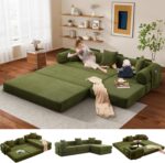 L Shaped Modular Sofa Bed with Cylindrical Pillow & Reversible Chaise, Corduroy Folding Floor Convertible Sofa Couch Bed with Fixed-Shape Frame & Storage Pocket for Living Room, Green - Image 2