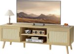 SUPERJARE Boho TV Stand for 65 Inch TV, Entertainment Center with Adjustable Shelf, Rattan TV Console with 2 Cabinets, Media Console, Solid Wood Feet, 4 Cord Holes, for Living Room - Natural - Image 2