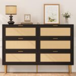 IDEALHOUSE Rattan 6 Drawer Dresser for Bedroom, Modern Chest of Drawers with Gold Legs and Gold Handles, Wide Double Dresser with Large Tabletop and Anti-Tipping Design for Bedroom Living Room, Black - Image 6