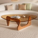 Small Coffee Table Modern Glass Coffee Table, Mid Century Coffee Table for Living Room, Mesa de Centro para Sala, Rustic Oval Coffee Table with Glass Top & Wood Base, (Walnut Brown, 31.5in) - Image 2