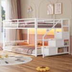 ADORNEVE Low Bunk Bed Twin Over Twin with Stairs, Storage Drawers & Shelves, RGB LED Lights Metal Floor Bunk with Power Outlet, Full-Length Guardrail & Metal Slats, for Small Space, Kids, White - Image 2