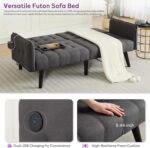TYBOATLE 65“ Convertible Futon Sofa Bed w/ 2 USB, Upholstered Tufted Small Adjustable Folding Couch Loveseat, Modern Mid Century Sleeper Sofa for Living Room, Bedroom, Apartment, Office (Dark Grey) - Image 7