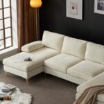 Karl home Convertible Sectional Sofa 110" U-Shape Sofa Couch 4-Seat Couch with Chaise ChenilleFabric Upholstered for Living Room, Apartment, Office, Creamy White - Image 6