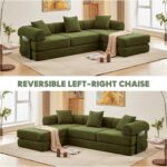 L Shaped Modular Sofa Bed with Cylindrical Pillow & Reversible Chaise, Corduroy Folding Floor Convertible Sofa Couch Bed with Fixed-Shape Frame & Storage Pocket for Living Room, Green - Image 9