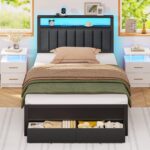 Furnulem Twin Bed Frames with Charging Station and LED Lights, Grey Upholstered Headboard with Shelves, Metal Platform Bed with 2 Under-Bed Storage (Fabric Drawer on Wheels), No Box Spring Needed - Image 2