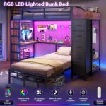 VIAGDO Bunk Bed Twin Over Twin with Hall Tree, Charging Station and LED Lights, L-Shaped Bunk Bed with Desk, 5 Storage Drawers, Twin Bunk Beds with Guardrail & Stairs, No Box Spring Needed, Black - Image 7