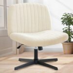 Orange Factory Criss Cross Chair No Wheel Wide Cross Legged Office Desk Vanity Chair Comfy Fabric Armless Adjustable Swivel for Home Computer Task (Beige) - Image 2