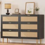 IDEALHOUSE Rattan 6 Drawer Dresser for Bedroom, Modern Chest of Drawers with Gold Legs and Gold Handles, Wide Double Dresser with Large Tabletop and Anti-Tipping Design for Bedroom Living Room, Black - Image 2