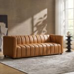 HULALA HOME 83" Genuine Leather Sofa with Channel Tufted Design, 3-Seater Sofa for Living Room Bedroom, Modern Oversized Couch with Wood Legs, Camel - Image 2