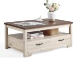 LINSY HOME Farmhouse Coffee Table with Storage, Wood Coffee Table for Living Room, Open Display Area and Storage Drawers with Metal Handles, Chic Style with Curved Base. Oak and Brown - Image 2