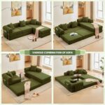 L Shaped Modular Sofa Bed with Cylindrical Pillow & Reversible Chaise, Corduroy Folding Floor Convertible Sofa Couch Bed with Fixed-Shape Frame & Storage Pocket for Living Room, Green - Image 8
