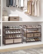 SONGMICS Stackable Shoe Rack, 4 Tier Metal Shoes Rack Storage Shelf, Holds up to 20 Pairs Shoes, Adjustable Slanted Shelves Tower Organizer for Closet Entryway Small Spaces, Bronze - Image 3