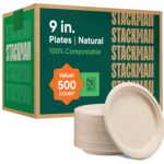 100% Compostable Paper Plates 9 Inch [500 Count] Heavy-Duty Dinner Plates - Natural Brown Color Unbleached Bagasse - Eco-Friendly Disposable Biodegradable Sugarcane Plates - [Bulk Case 4/125 Pack] - Image 2