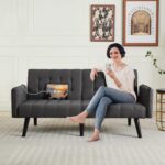 TYBOATLE 65“ Convertible Futon Sofa Bed w/ 2 USB, Upholstered Tufted Small Adjustable Folding Couch Loveseat, Modern Mid Century Sleeper Sofa for Living Room, Bedroom, Apartment, Office (Dark Grey) - Image 10