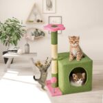24 Inch Cat Tree Condo for Indoor Cats with Floral Sisal Scratching Post, Plush Hang Ball Play Furniture for Kittens Cats, Pink - Image 2