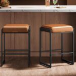 VASAGLE EKHO Collection - Bar Stools Set of 2, Counter Height Bar Stools, Synthetic Leather with Stitching, Mid-Century Modern Counter Stools, 26-Inch Tall, Kichen Home Bar Dining Room, Caramel Brown - Image 2