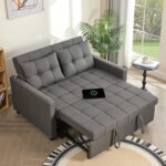 52" Sleeper Sofa with Pull-Out Bed, 3-in-1 Convertible Sofa Bed, Loveseat with Stepless Adjustable Backrest and Side Pocket, for Living Room Dorm Apartment, Linen, Dark Gray - Image 2