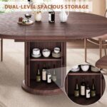 Dining Table for 4-6,63“Extendable Round Kitchen Dining Room Table with 2-Tier Storage Shelf, Space Saving Expandable Wood Oval Circle Dinner Furniture with Pedestal Base (Brown) - Image 10