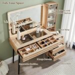 Fluted Makeup Vanity Desk with Large 35" HD Lighted Mirror, 48" Mid Century Modern Glass Top Vanity Table with 5 Drawers & Adjustable Shelf, Dressing Table w/Charging Station for Bedroom, Natural Oak - Image 4