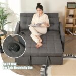 52" Sleeper Sofa with Pull-Out Bed, 3-in-1 Convertible Sofa Bed, Loveseat with Stepless Adjustable Backrest and Side Pocket, for Living Room Dorm Apartment, Linen, Dark Gray - Image 6