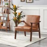 Yaheetech PU Leather Accent Chair, Mid-Century Modern Armchair with Solid Wood Legs, Reading Leisure Chair with High Back for Living Room Bedroom Waiting Room, Brown - Image 5