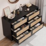 IDEALHOUSE Rattan 6 Drawer Dresser for Bedroom, Modern Chest of Drawers with Gold Legs and Gold Handles, Wide Double Dresser with Large Tabletop and Anti-Tipping Design for Bedroom Living Room, Black - Image 5