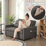 52" Sleeper Sofa with Pull-Out Bed, 3-in-1 Convertible Sofa Bed, Loveseat with Stepless Adjustable Backrest and Side Pocket, for Living Room Dorm Apartment, Linen, Dark Gray - Image 8