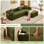 L Shaped Modular Sofa Bed with Cylindrical Pillow & Reversible Chaise, Corduroy Folding Floor Convertible Sofa Couch Bed with Fixed-Shape Frame & Storage Pocket for Living Room, Green - Image 5