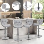 Yaheetech Bar Stools Set of 2, PU Leather Swivel Adjustable Barstools with Shell Back, Bar Chairs with Foma Padded for Home, Kitchen, Light Grey - Image 8