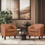 Yaheetech Brown Accent Chairs Set of 2, Faux Leather Barrel Chairs, Comfy Modern Leather Club Armchairs with Soft Seat for Living Room Bedroom Reading Waiting Room, Brown - Image 5