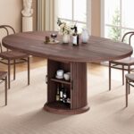 Dining Table for 4-6,63“Extendable Round Kitchen Dining Room Table with 2-Tier Storage Shelf, Space Saving Expandable Wood Oval Circle Dinner Furniture with Pedestal Base (Brown) - Image 2