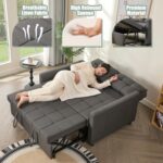 52" Sleeper Sofa with Pull-Out Bed, 3-in-1 Convertible Sofa Bed, Loveseat with Stepless Adjustable Backrest and Side Pocket, for Living Room Dorm Apartment, Linen, Dark Gray - Image 7