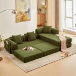 L Shaped Modular Sofa Bed with Cylindrical Pillow & Reversible Chaise, Corduroy Folding Floor Convertible Sofa Couch Bed with Fixed-Shape Frame & Storage Pocket for Living Room, Green - Image 3