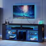IRONCK Entertainment Center with Storage, 55 Inch Tall TV Stand W/Power Outlet, LED Gaming TV Cabinet for PS4, Black TV Stand with Carbon Fiber - Image 2