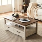 LINSY HOME Farmhouse Coffee Table with Storage, Wood Coffee Table for Living Room, Open Display Area and Storage Drawers with Metal Handles, Chic Style with Curved Base. Oak and Brown - Image 3