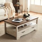 LINSY HOME Farmhouse Coffee Table with Storage, Wood Coffee Table for Living Room, Open Display Area and Storage Drawers with Metal Handles, Chic Style with Curved Base. Oak and Brown - Image 9