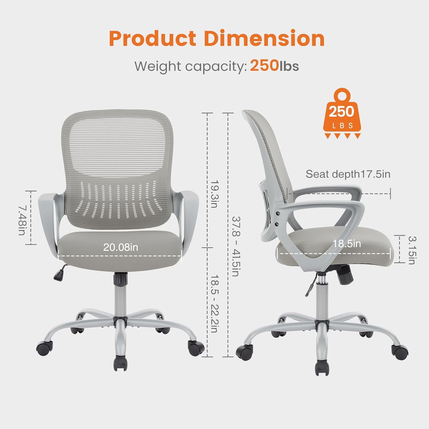 6129Iq6hEyL._AC_SL1500_.jpg Sweetcrispy Office Computer Desk Managerial Executive Chair, Ergonomic Mid-Back Mesh Rolling Work Swivel Chairs with Wheels, Comfortable Lumbar Support, Comfy Arms for Home,Bedroom,Study,Student,Grey - Image 4