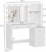 Rovaurx 46.7" Makeup Vanity Table with Lighted Mirror, Large Vanity Desk with Storage Shelf & 5 Drawers, Bedroom Dressing Table, 11 LED Lights, White - Image 3
