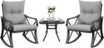 COSIEST 3 Piece Bistro Set Patio Rocking Chairs Outdoor Furniture w Warm Gray Cushions, Glass-Top Table for Garden, Pool, Backyard - Image 2
